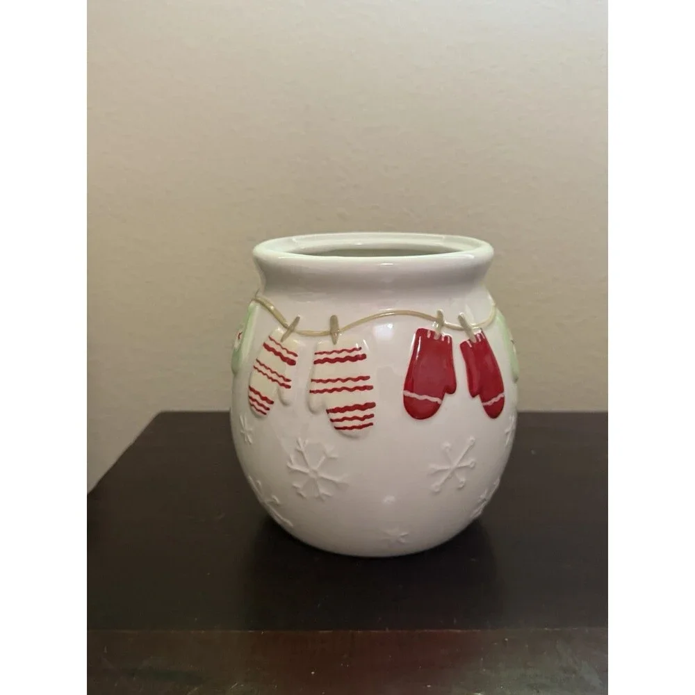 Vintage Hallmark Christmas Round Mitten Cookie Jar Holiday Decor - No Lid